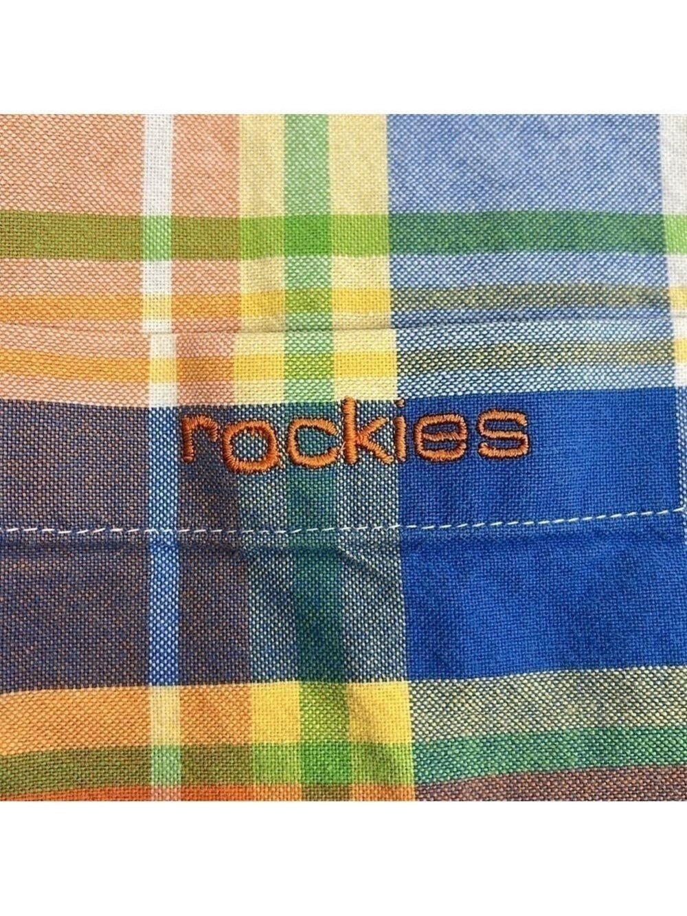 Rockies Cotton Shirt Button-Down Yellow/Blue Plaid Long Sleeve Rounded Hem Top - Picture 12 of 12